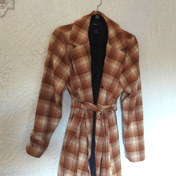 Forever 21+ 70s Retro Brown Plaid Trench Coat w Detachable Faux Fur Collar - Picture 3 of 4